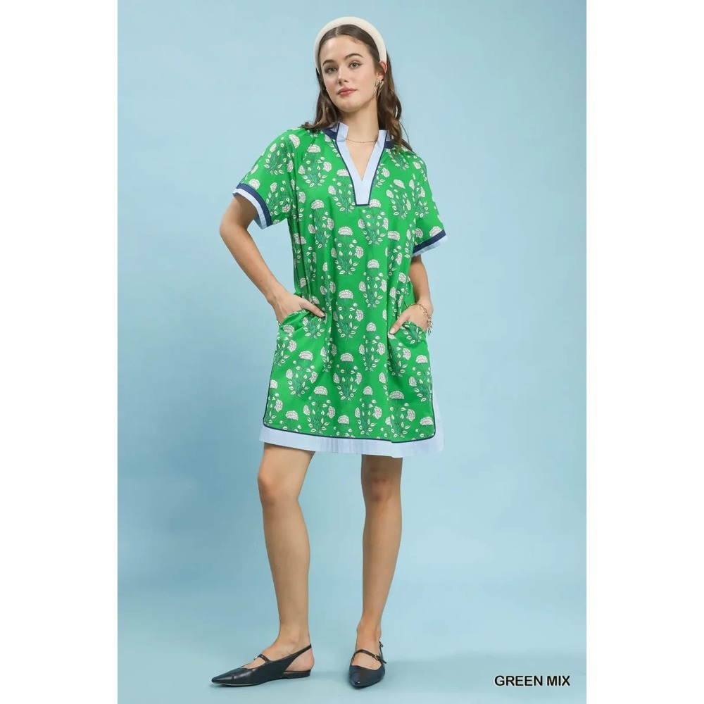 Umgee Printed Split Neck Short Sleeve Shift Dress - Green Mix - Small
